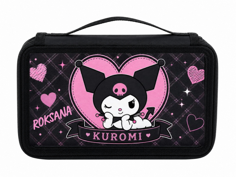 Personalizowany piórnik czterokomorowy Kuromi z imieniem – piórnik szkolny dla fanki Kuromi