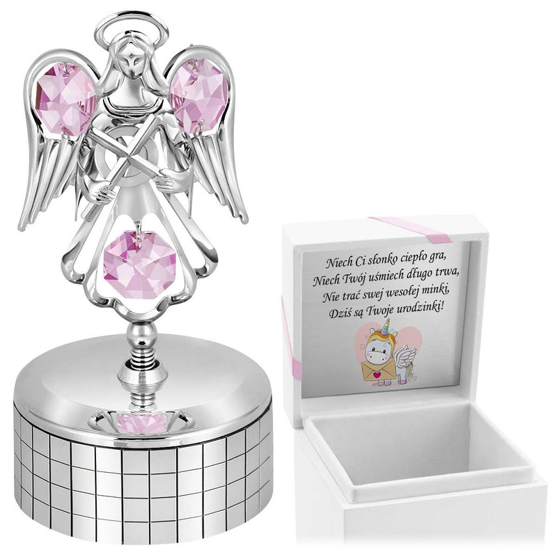 Pozytywka Posrebrzany Anioł Austrian Crystal / Prezent na roczek / z Dedykacją