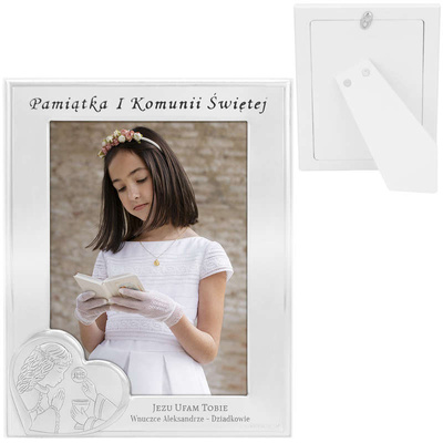Ramka na zdjęcie / I Komunia Święta / Pamiątka Komunii dla Dziewczynki / Własny Grawer / Stal posrebrzana