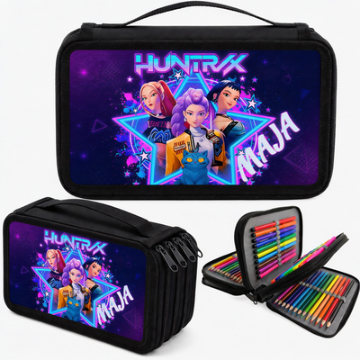 Personalizowany piórnik czterokomorowy HUNTR/X z imieniem – piórnik dla fanki K-Pop i serialu KPop Demon Hunters