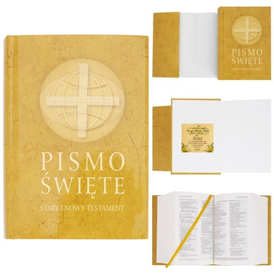 Pismo Święte z krzyżem w złotej obwolucie z dedykacją na Chrzest