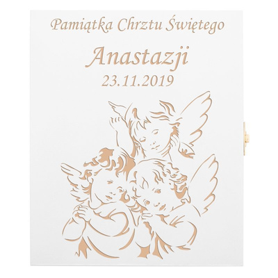 Chrzest lub roczek: białe drewniane pudełko na sztućce z grawerem